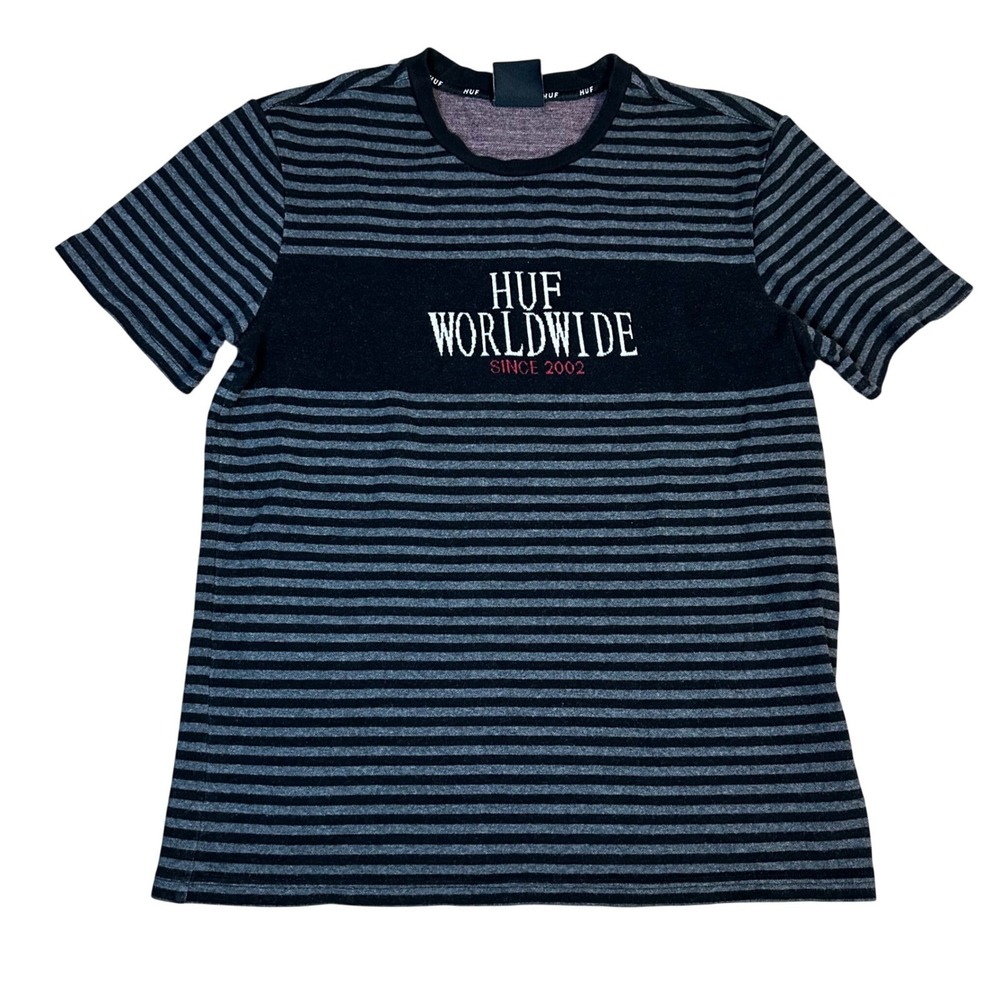 HUF Worldwide Striped T Shirt Men Size M Black Gray Since 2002 Tee
